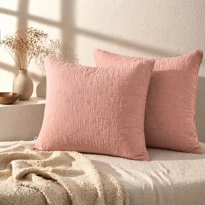 Lot De 2 Taies D'oreiller 60 X 60 Cm - Gaze De Coton Brodée - Gaïa Boho Rose Pêche