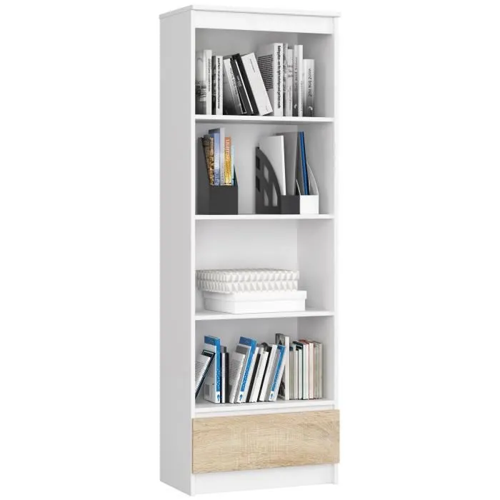 Bibliothèque De Bureau Akord R60 Blanche 60 Cm 1 Tiroir Façade Chêne Sonoma 4 Étagères 60x35x180 Cm