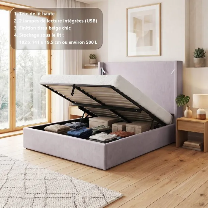 Lit coffre - STAN 1 - 140 x 190 cm - Tissu beige texturé - Tete de lit haute a oreilles - 2 lampes de lecture LED + Ports USB