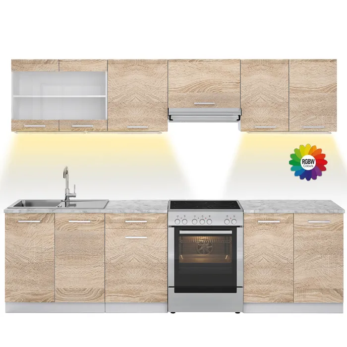 Vicco Ligne de cuisine Sonoma/Blanc 270cm, PT Marbre avec bande LED