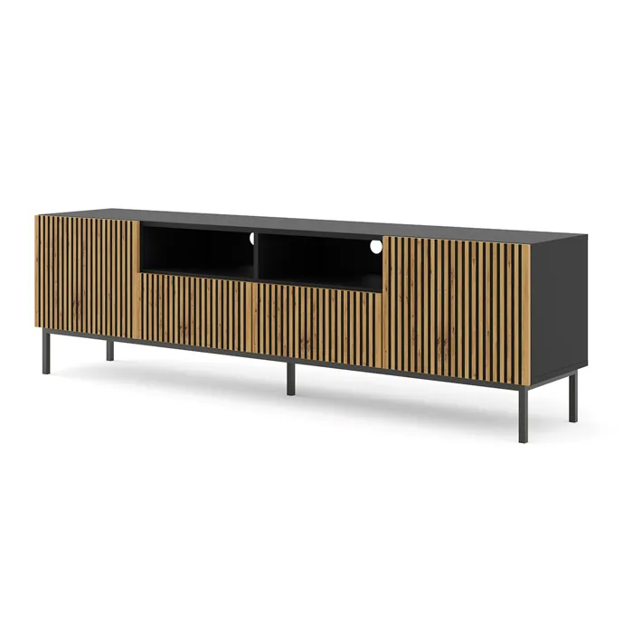 Meuble Tv Ravenna Avec 2 Portes + 2 Tiroirs + 2 Niches Et Cadre Noir - Beige Et Noir - L 200 X P 42 X H 58 Cm