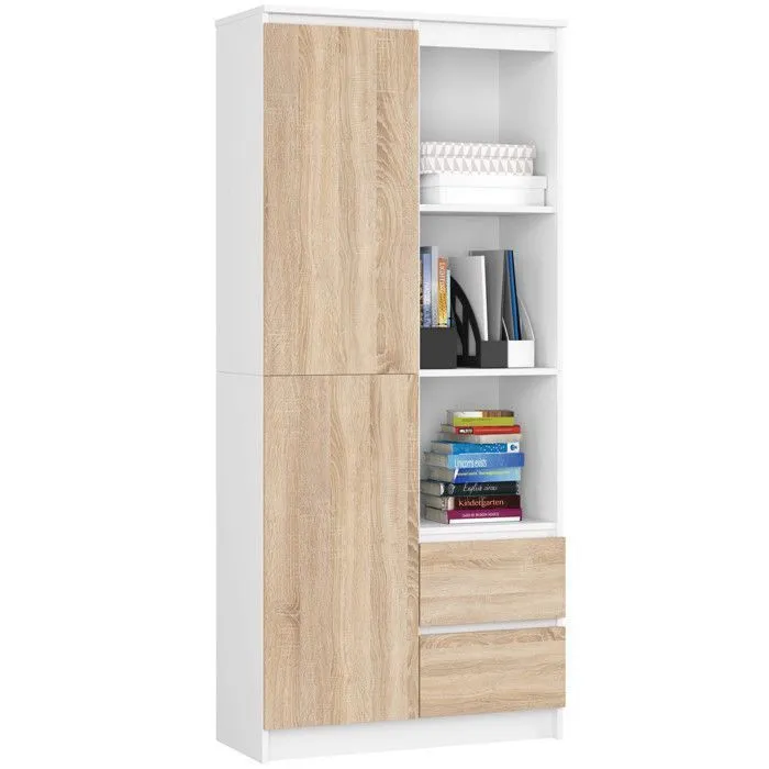 Bibliothèque De Bureau Akord R11 Blanche 80 Cm 1 Porte 2 Tiroirs Façade Chêne Sonoma 7 Étagères 80x35x180 Cm