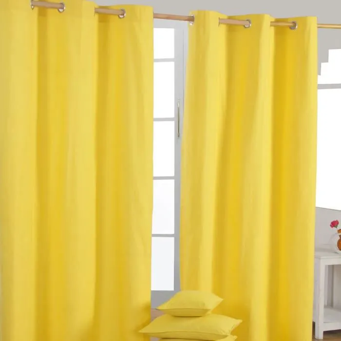 Paire De Rideaux À Oeillets Uni Jaune 100% Coton 117x137cm