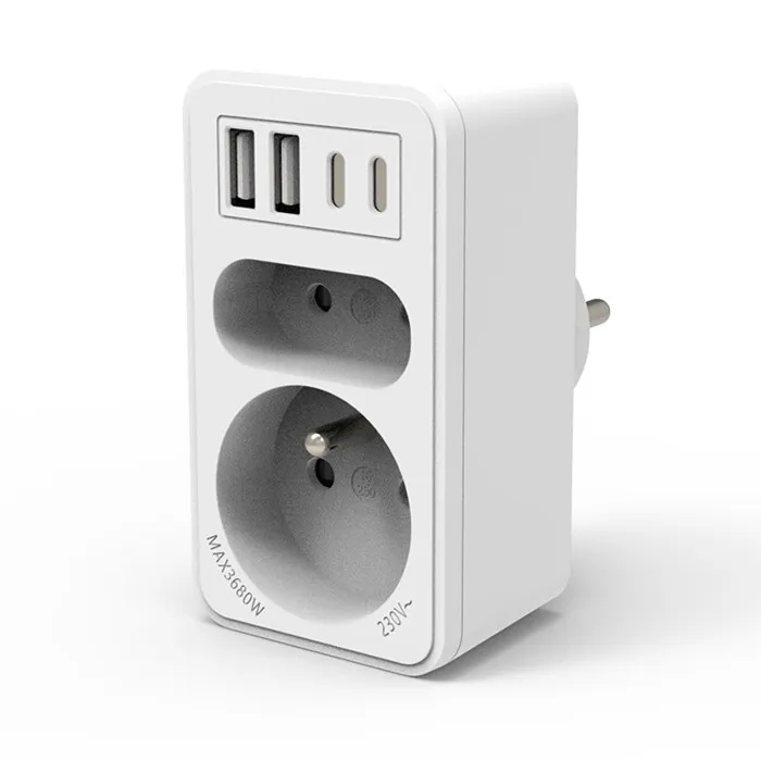 Biplite frontale 2 prises (16A + 6A), 2 prises USB-A et 2 prises USB-C