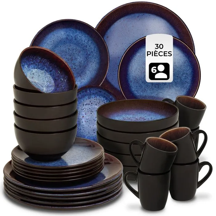 Set De Vaisselle 30 Pièces En Faïence 6 Personnes Fait Main Bleu/brun