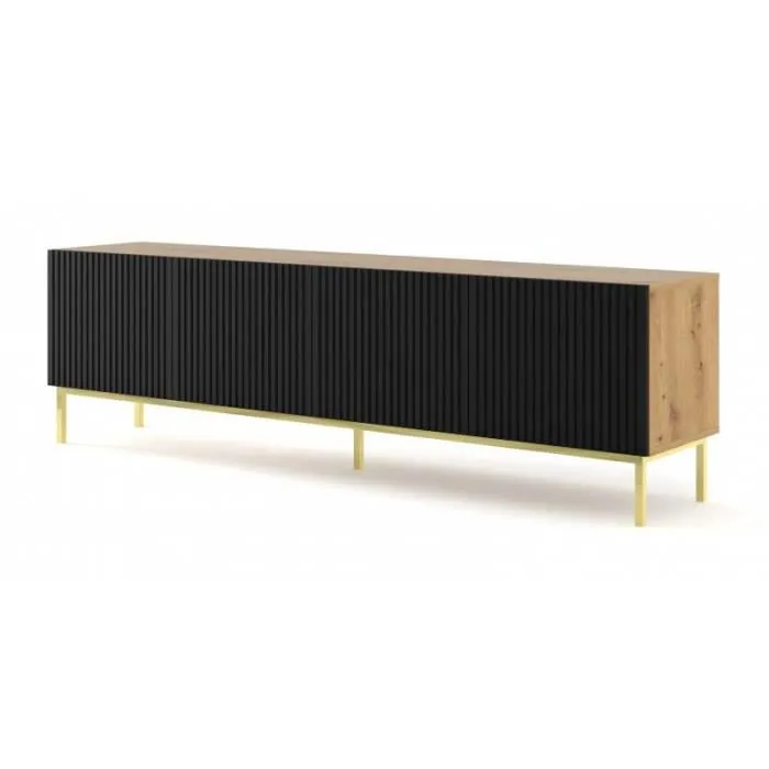 Meuble Tv Ravenna Avec 4 Portes En Bois Et Cadre Doré - Noir Et Beige - L 200 X P 42 X H 58 Cm
