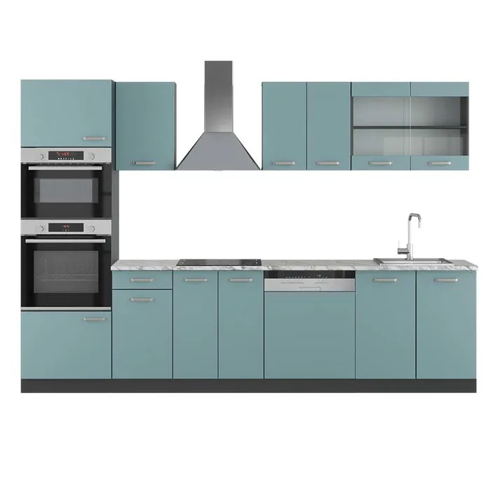 Vicco Cuisine Bleu-gris/anthracite 300cm avec armoire haute, PT Marbre