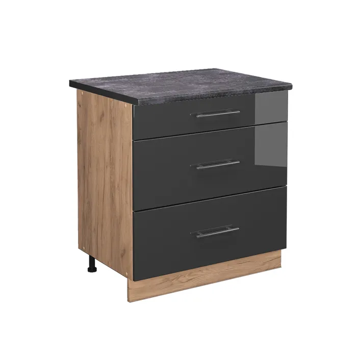 Vicco Meuble cuisine Anthracite Haute brillance/Chêne doré 80cm avec 3 tiroirs plan de travail Anthracite