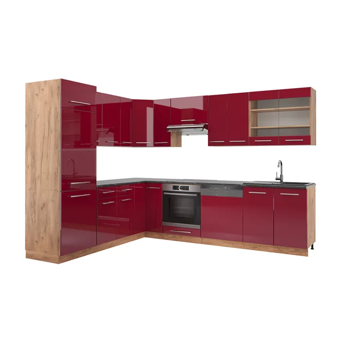 Vicco Cuisine en angle Rouge bordeaux Haute brillance/Chêne de force doré 287 x 227 cm sans PT