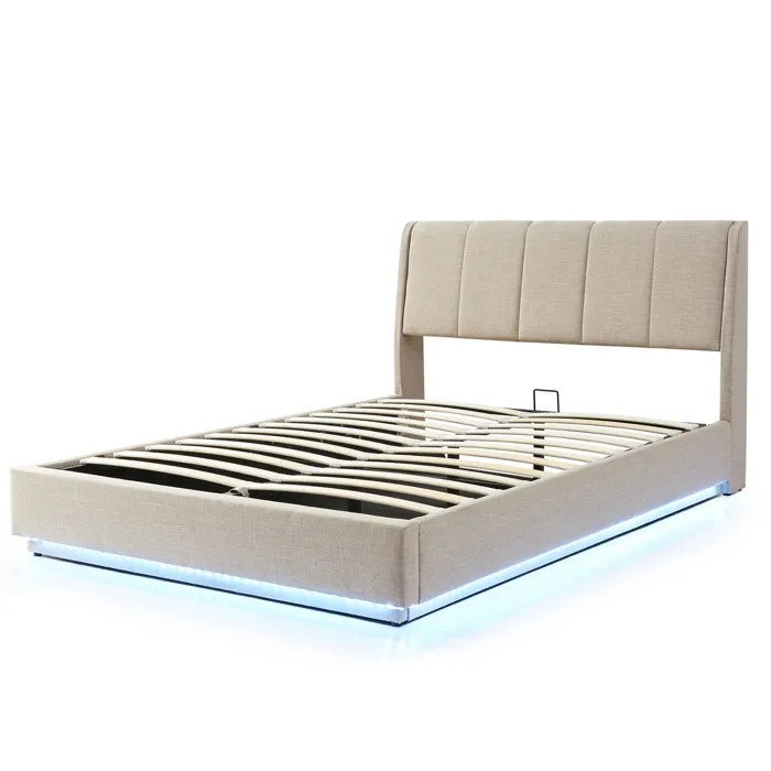 Lit double capitonné Tröstiar avec éclairage LED 140 x 200 cm beige en.casa