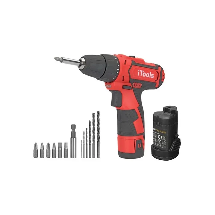 Visseuse sans fil 12V Batterie Lithium 1.5Ah LED + Coffret 6 embouts de vissage + 6 forets + Adaptateur VITO