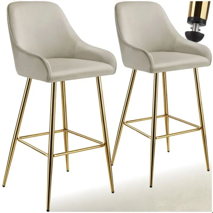 Lot 2 Tabourets De Bar Avec Dossier Rembourré En Aspect Velours Beige