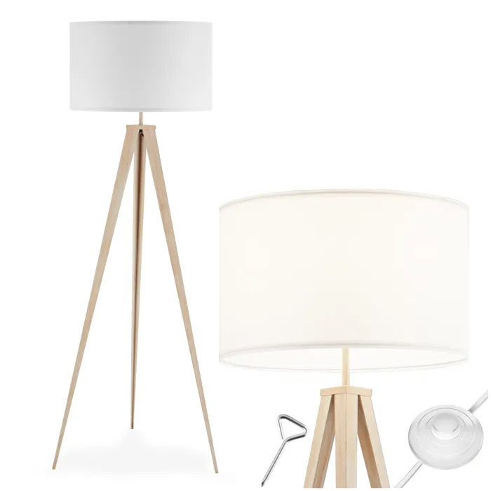 Lampadaire Abat-jour En Tissu Et Trépied Patins Doux Pour Le Sol Chêne