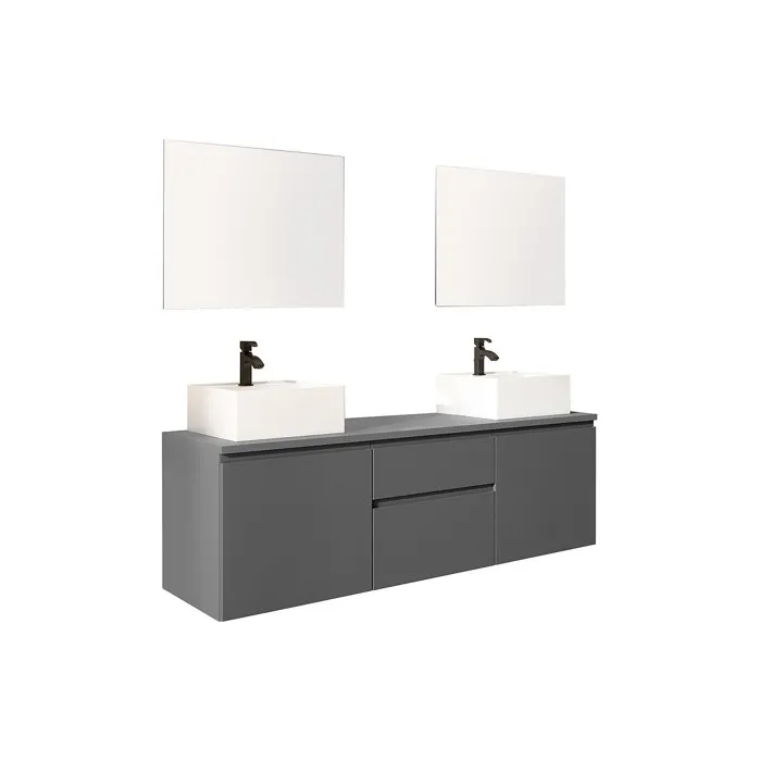 Meuble de salle de bain suspendu avec double vasque et miroirs - Gris - 150 cm - JIMENA II