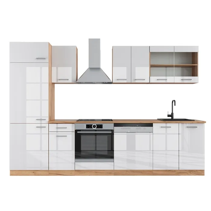 Vicco Cuisine Blanc brillant/Chêne doré 300cm, PT Chêne