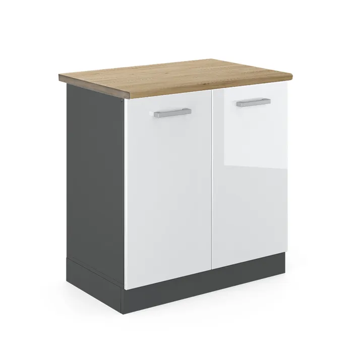 Vicco Meuble bas sous-évier Blanc Haute brillance/Anthracite 80cm plan de travail Chêne doré