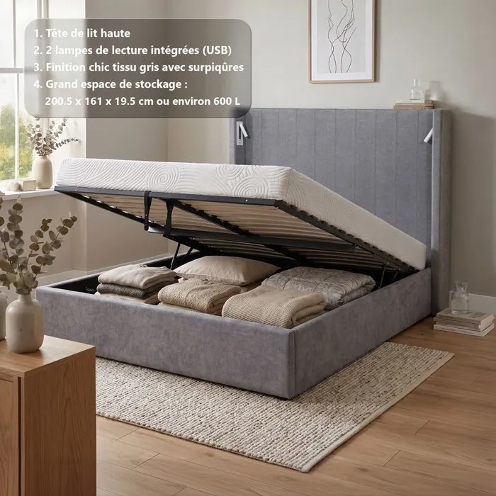 Lit coffre adulte - STAN 3 - 160 x 200 cm - Tissu gris - Tete de lit haute a oreilles - 2 lampes de lecture LED + Ports USB