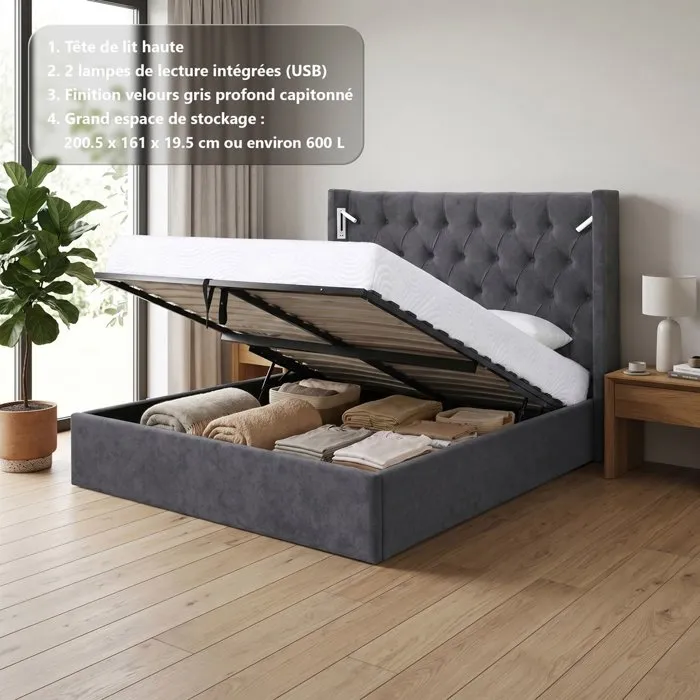 Lit coffre adulte - STAN 4 - 160 x 200 cm - Tissu velours gris foncé - Tete de lit haute a capitons - 2 lampes LED + Ports USB