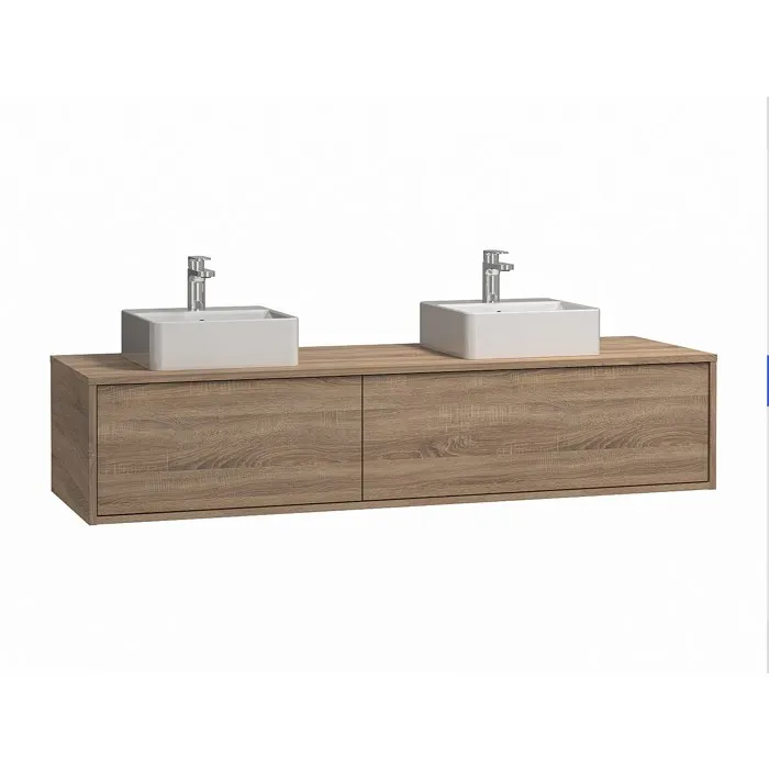 Meuble de salle de bain suspendu coloris naturel clair avec double vasque à poser carrée - L150 cm - ISAURE II