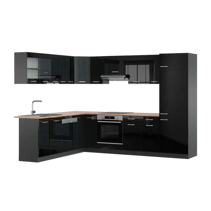 Vicco Cuisine en angle Noir Haute brillance/Anthracite 287 x 227 cm, PT Chêne