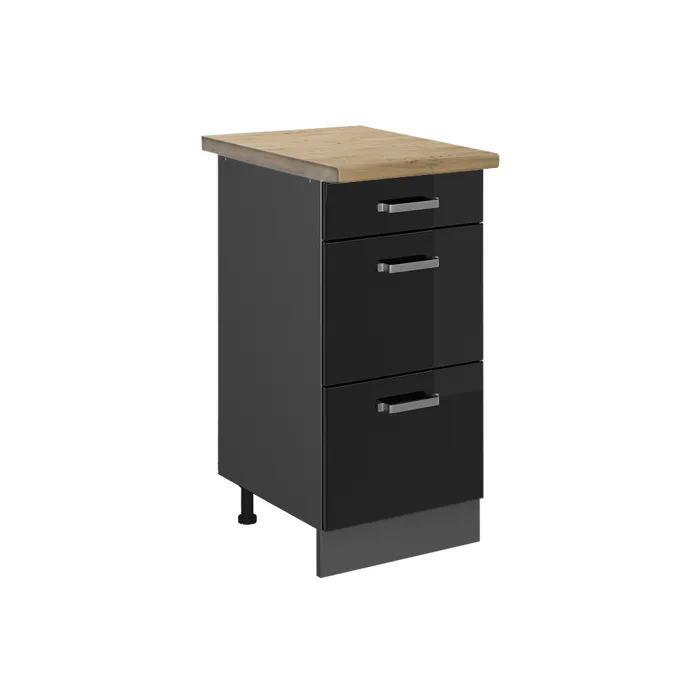 Vicco Meuble cuisine Noir Haute brillance/Anthracite 40cm avec tiroirs plan de travail Chêne doré