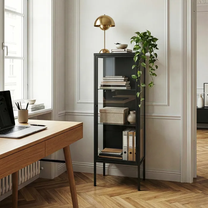 Armoire vitrine Borshavisa 116 x 34 x 30 cm acier noir en.casa