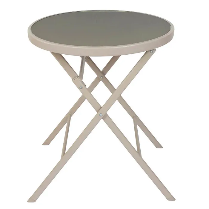 Sohan - Table Pliante De Jardin Ronde Beige En Métal Et Verre Trempé