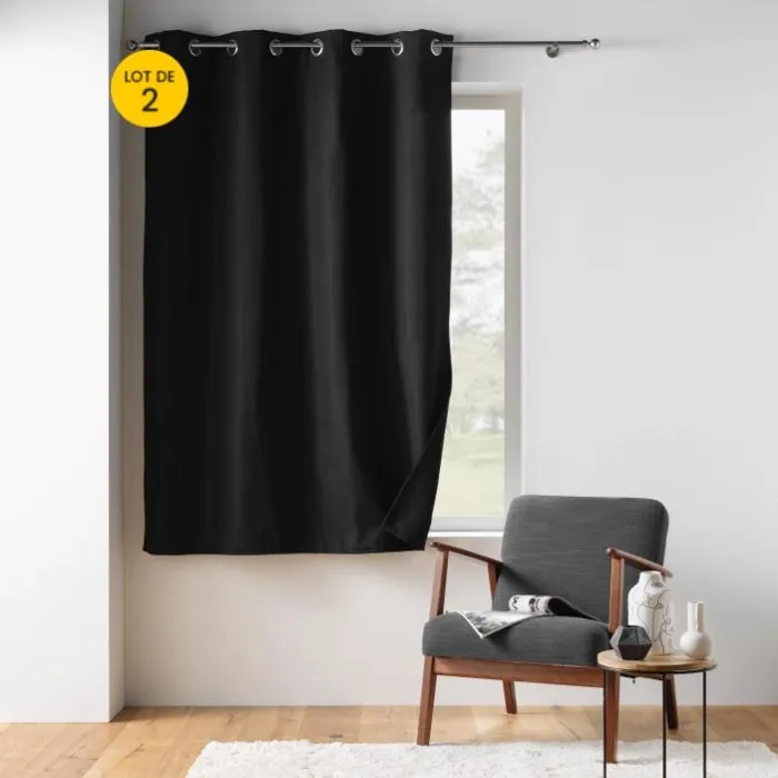 Lot de 2 Rideaux petite hauteur 135 x 180 cm isolant thermique microfibre Micropolar Noir