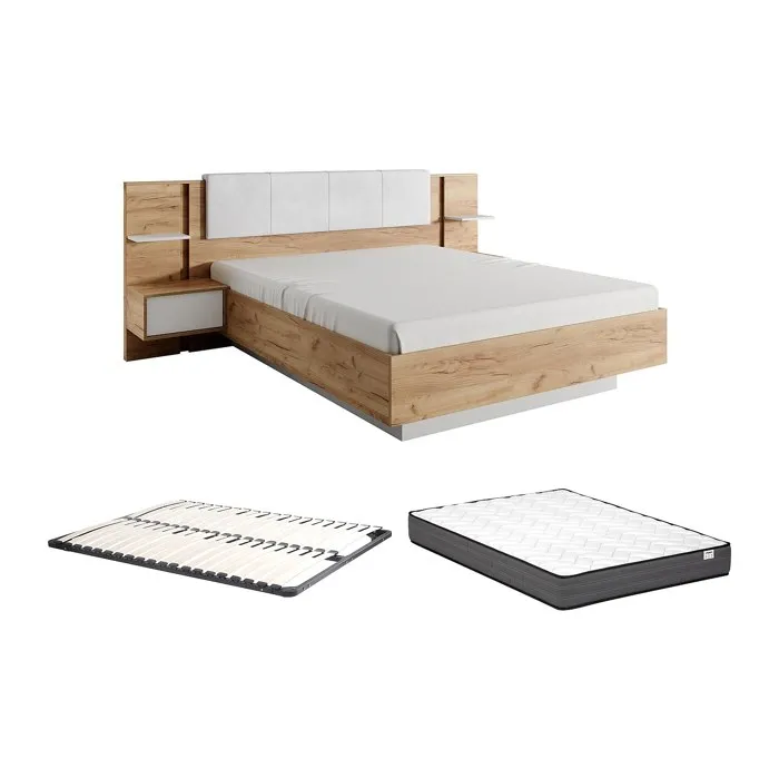 Lit avec chevets 160 x 200 cm - Avec LEDs - Coloris: Naturel et blanc + Sommier + Matelas Confort - ELYNIA