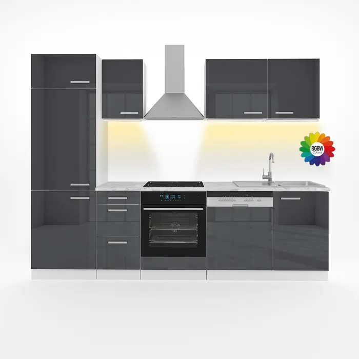 Vicco Cuisine Anthracite brillant/blanc 270cm sans plan de travail avec bande LED