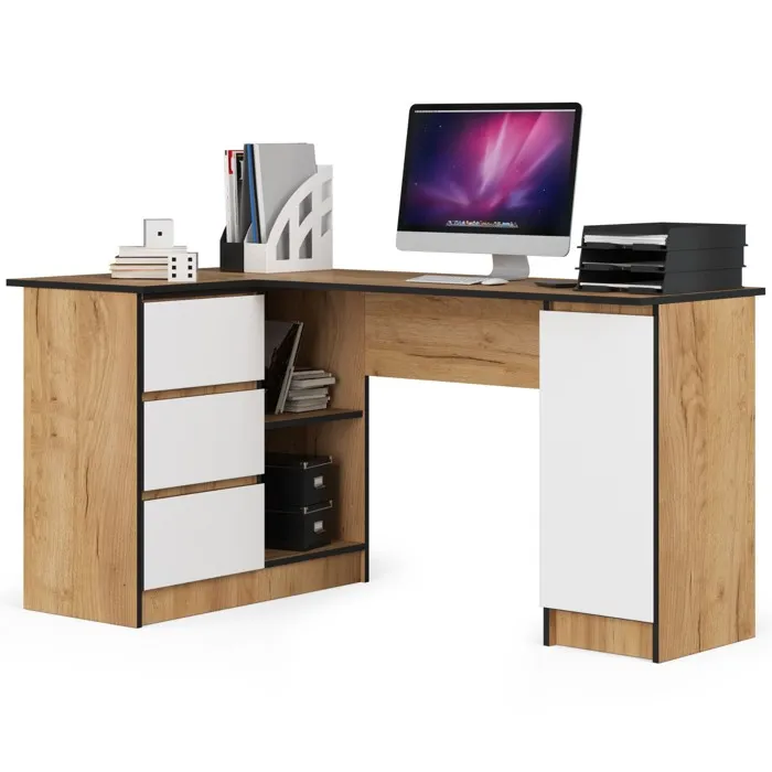 Grand Bureau D'angle Akord Gauche B20 Chêne Craft 155 Cm 1 Porte 3 Tiroirs Façade Blanche 4 Étagères 155x85x77 Cm