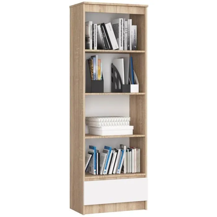 Bibliothèque De Bureau Akord R60 Chêne Sonoma 60 Cm 1 Tiroir Façade Blanche 4 Étagères 60x35x180 Cm