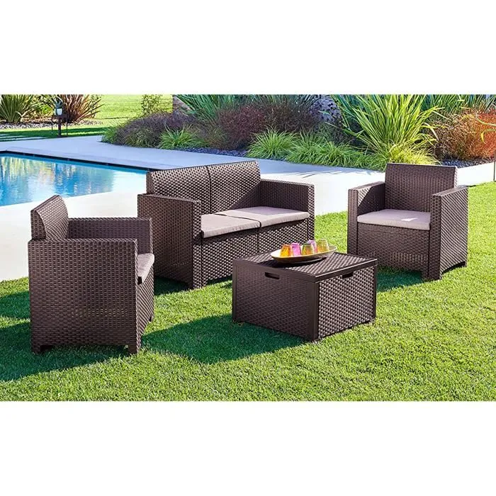 Marron DMORA 4 personnes 3 pieces Ensembles canapés, fauteuils et tables de jardin 58 x 75 x 79 polypropylene
