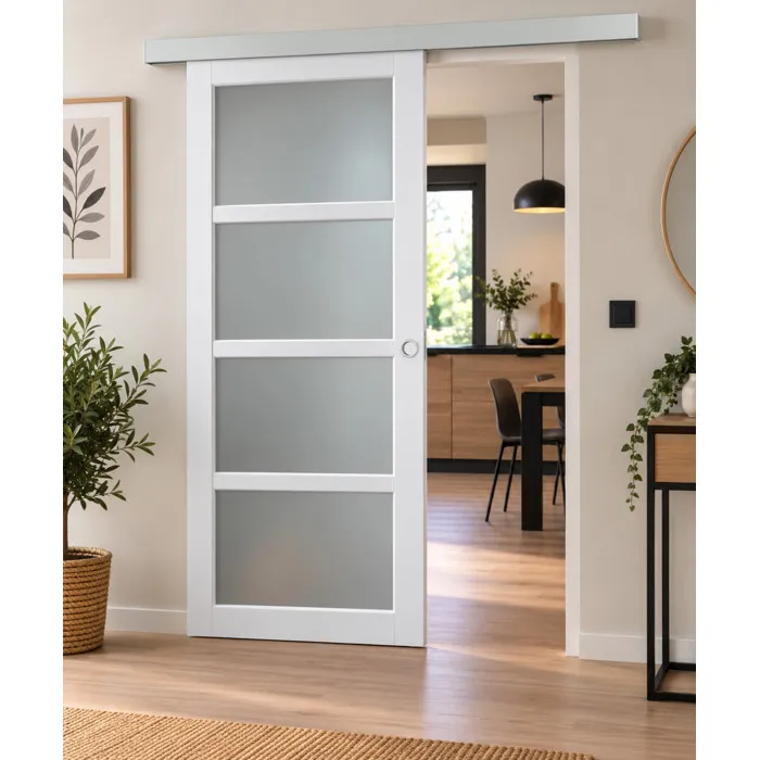 Porte Coulissante Tana Blanc Vitrée H204 X L63 Cm, Rail Alu, Coquilles Blanc Gd Menuiseries
