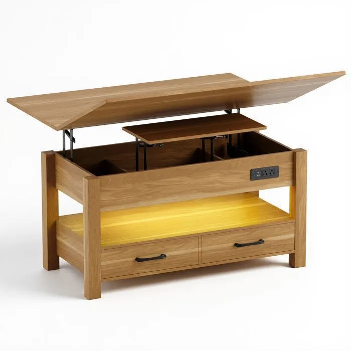 Table Basse Relevable Extensible 4 En 1 Avec Rangements Et 2 Tiroirs, Table Basse Multifonction Style Campagne Chic Pour Salon,