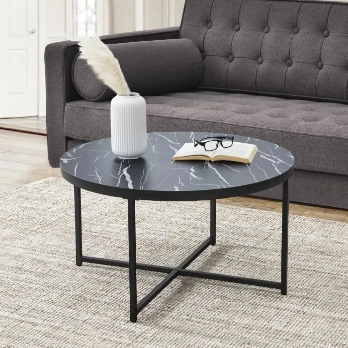Table basse ronde Uppvidinge pour salon 45 x 80 cm marbre noir noir en.casa