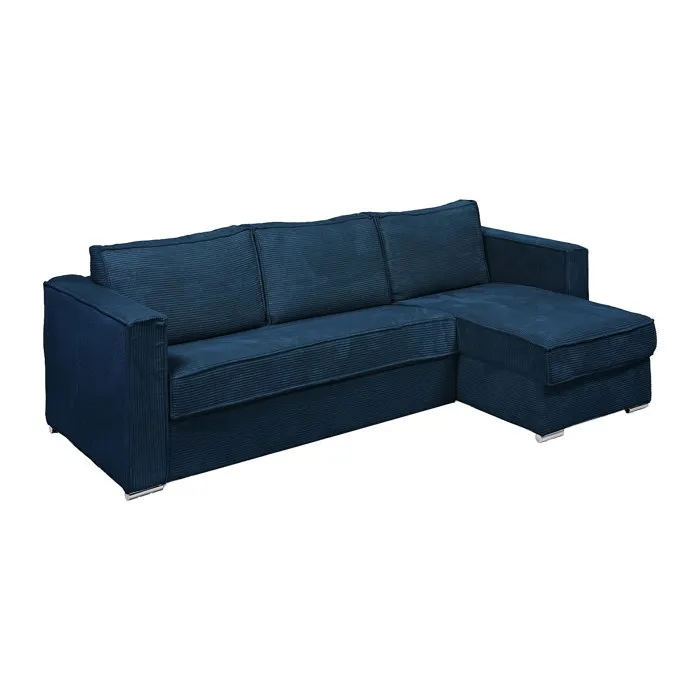 Canapé d'angle convertible express et réversible en velours côtelé bleu nuit - Couchage lattes larges 140 cm - Matelas 14 cm