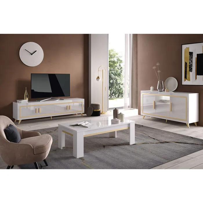 Jemma - Ensemble Salon Blanc Décor Doré Meuble Tv + Buffet Avec Leds + Table Basse