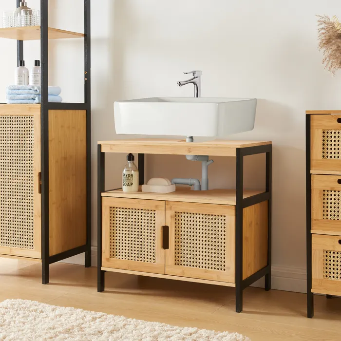 Meuble sous lavabo Tervola bambou 60 x 60 x 35 cm noir naturel aspect rotin en.casa
