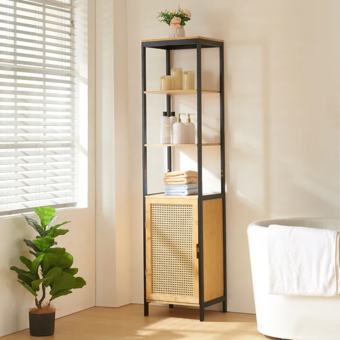 Meuble colonne de salle de bain Tervola MDF bambou rotin 172 x 40 x 35 cm noir naturel en.casa