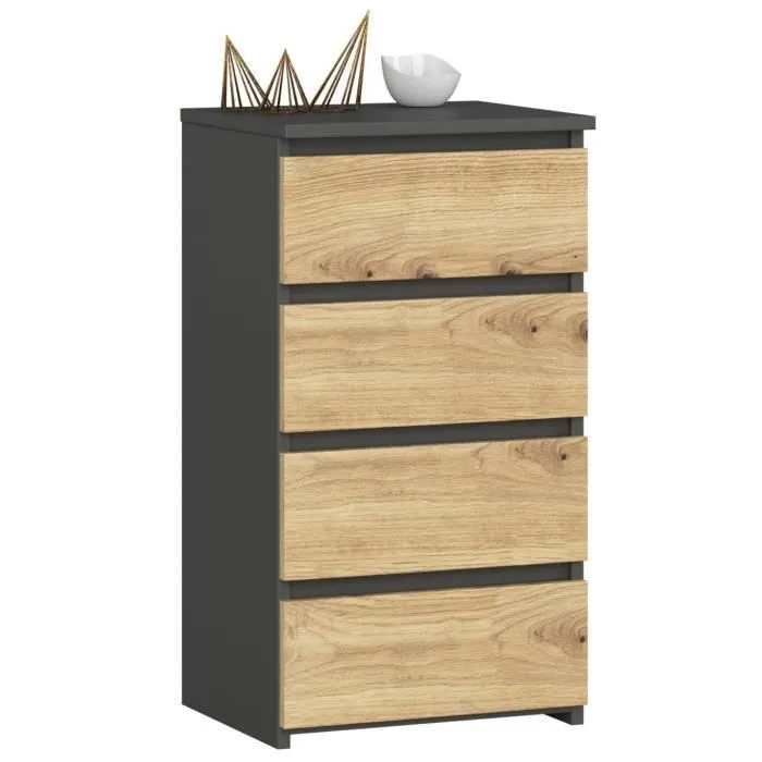 Commode Akord Cl4 Gris Graphite 40 Cm 4 Tiroirs Façade Chêne Artisan 40x35x74 Cm