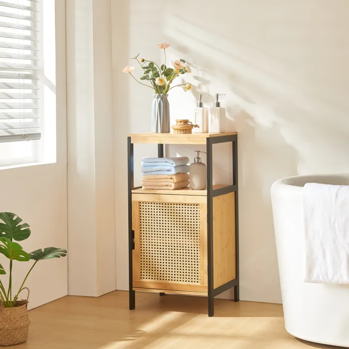 Armoire de salle de bain Tervola MDF bambou rotin 80 x 40 x 35 cm noir naturel en.casa