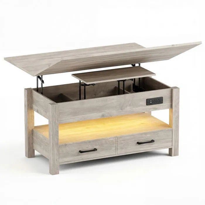 Table Basse Relevable Extensible 4 En 1 Avec Rangements Et 2 Tiroirs, Table Basse Multifonction Style Campagne Chic Pour Salon,