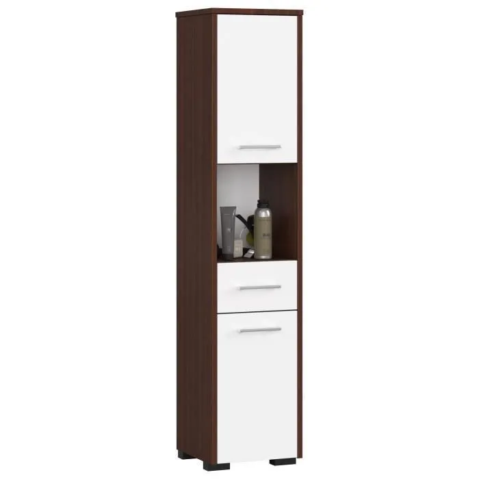 Colonne Salle De Bains Akord Fin Wengé 30 Cm 2 Portes 1 Tiroir Façade Blanche 5 Étagères 30x30x140 Cm