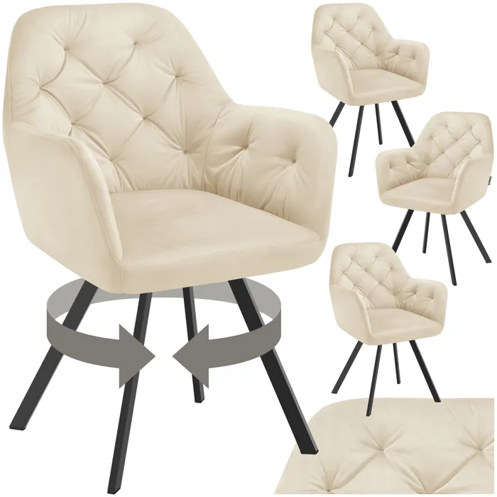 Lot 4 Fauteuils Pivotants 180° Velours Rembourrés Matelassés Crème