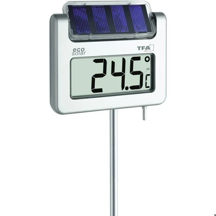 Thermomètre de jardin solaire Avenue argent, écran Jumbo rétroéclairé, bâton aluminium 940 mm