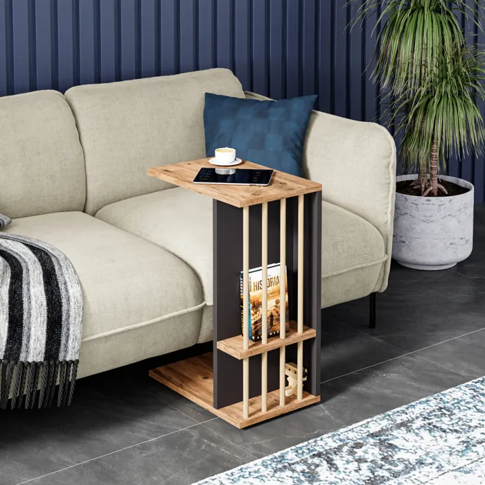 Table d'appoint Siikainen panneau de particules bois plastique 44 x 29 x 65 cm effet bois noir en.casa