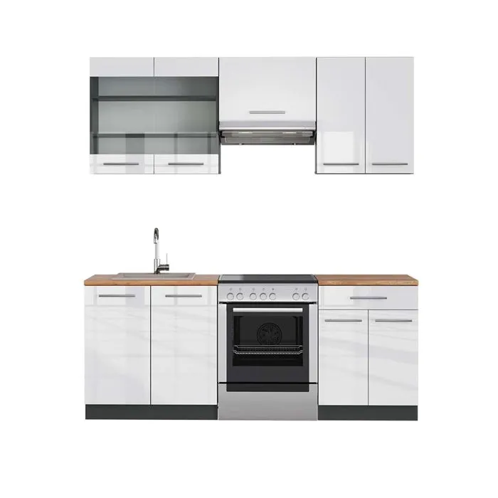 Vicco Cuisine Blanc brillant/Anthracite 200cm, PT Chêne