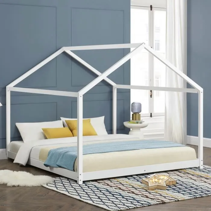 Lit cabane Cerro bois de pin 160 x 200 cm blanc en.casa