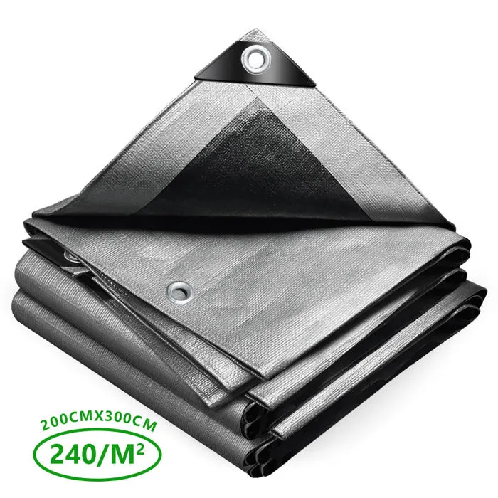 Vounot Bâche De Protection En Polyéthylène Resistant Et Impermeable 240g/m² Gris Et Noir 2x3m